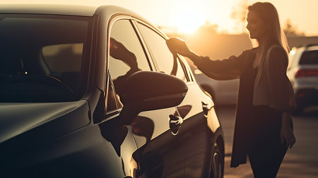Generative AI woman receives keys to her new automobile from the dealerの素材