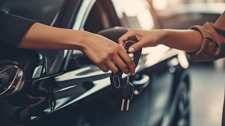 Generative AI woman receives keys to her new automobile from the dealerの素材