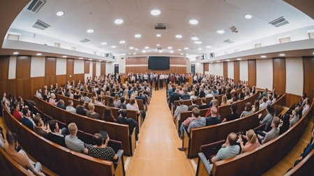 In the conference hall, the audience listens to the lecturer's address on Generative AI.の素材