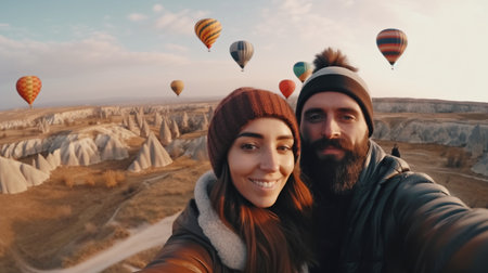 Couples in love Couple of tourists, a woman and a guy, in the background of a hot air balloon in Cappadocia. Generative AI, concept adventure vacation in Turkeyの素材