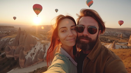 Couples in love Couple of tourists, a woman and a guy, in the background of a hot air balloon in Cappadocia. Generative AI, concept adventure vacation in Turkeyの素材