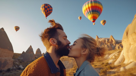 Couples in love Couple of tourists, a woman and a guy, in the background of a hot air balloon in Cappadocia. Generative AI, concept adventure vacation in Turkeyの素材