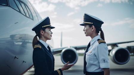 On an airplane, cabin staff or stewardesses greet passengers. Generative AI, air hostess or stewardess serviceの素材
