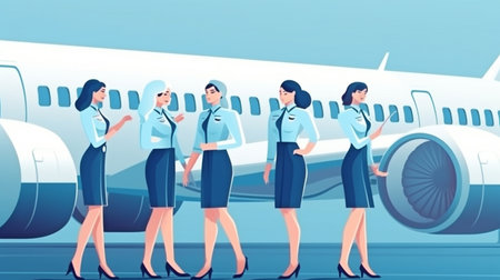 On an airplane, cabin staff or stewardesses greet passengers. Generative AI, air hostess or stewardess serviceの素材