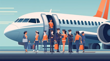 On an airplane, cabin staff or stewardesses greet passengers. Generative AI, air hostess or stewardess serviceの素材