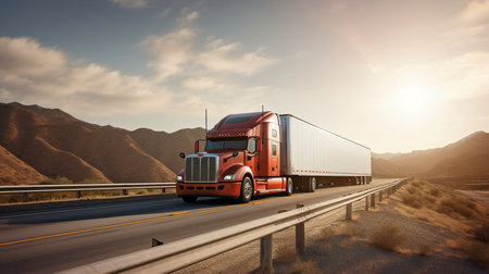 American-style vehicle transporting a cargo on the highway, Generative AIの素材