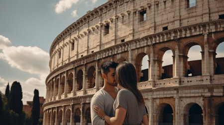 In front of the Colosseum in Rome, Italy, a loving couple, Generative AIの素材