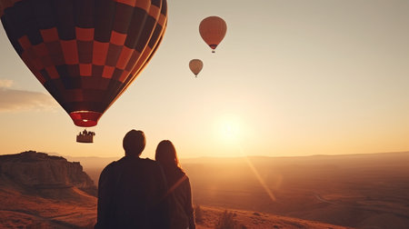 Couples in love Couple of tourists, a woman and a guy, in the background of a hot air balloon in Cappadocia. Generative AI, concept adventure vacation in Turkeyの素材