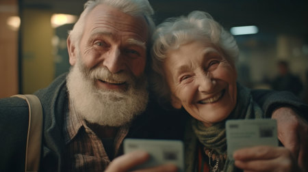 Our joyous adventure. Top view image of an elderly bearded guy and a lovely elderly woman standing in an airport lounge, Generative AIの素材