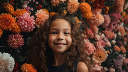 Generative AI is the happiest and most attractive female surrounded by lovely flowers.の素材