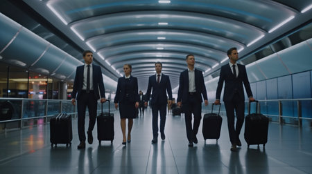 Smiling businessmen and ladies carrying baggage move through the airport, Generative AIの素材