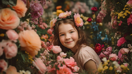 Generative AI is the happiest and most attractive female surrounded by lovely flowers.の素材