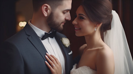 Amazing happy wedding pair, lovely bride and groom, wedding party, Generative AIの素材