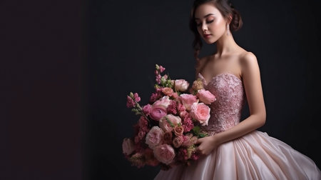 Beautiful lady carrying a bouquet of flowers while dressed in a magnificent bridal gown, isolated on white, Generative AIの素材