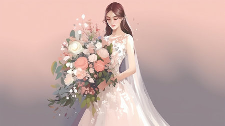 Beautiful lady carrying a bouquet of flowers while dressed in a magnificent bridal gown, isolated on white, Generative AIの素材