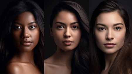 Multi-ethnic beauty, women of several ethnicities - Caucasian, African, Asian, and Indian, Generative AIの素材