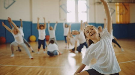 A happy primary youngster and her friends enjoy PE class at the school gymnasium, thanks to Generative AI.の素材