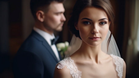 Amazing happy wedding pair, lovely bride and groom, wedding party, Generative AIの素材