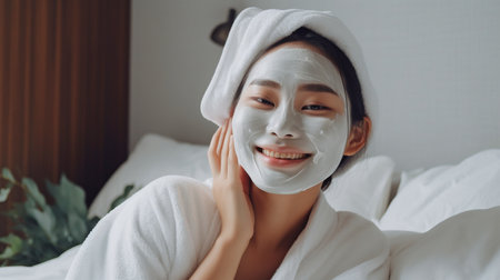 Generative AI, happy Asian lady sitting on bed using beauty face masksの素材
