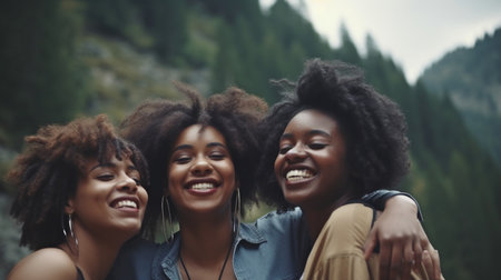 smiling happy group of black ethnic friends hugging and enjoying themselves in the mountains, Generative AIの素材