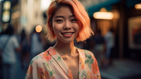 Fashion model with a lovely smile. Her hair is brightly colored. She was dressed in an Ambush outfit with a prominent face, Generative AI.の素材