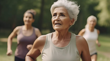 Waist up photo of an energetic senior woman sprinting towards the camera while enjoying sports outside, Generative AIの素材
