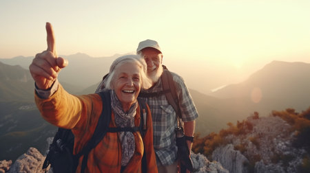 Two joyful energetic seniors enjoying themselves at the top of the mountain in the late afternoon, Generative AIの素材