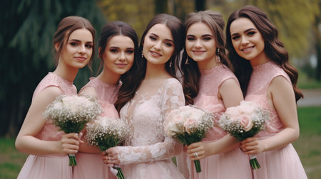 Congratulations on your wedding day. Outdoors, a beautiful bride and bridesmaids in pink gowns embrace with a grin, Generative AIの素材