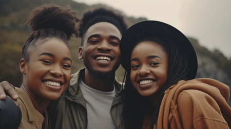 smiling happy group of black ethnic friends hugging and enjoying themselves in the mountains, Generative AIの素材