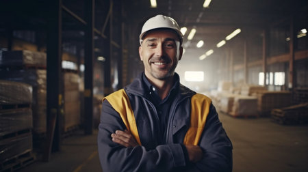 photograph of a guy foreman standing in a warehouse with his arms crossed and his gaze fixed on the camera, Generative AIの素材