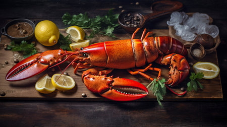 Feast of seafood, Generative AI, lemon and fresh Boston lobster on iceの素材