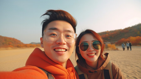 A young Asian man and woman have a good time during the autumn holidays. Summer lifestyle and vacation for two buddies, Generative AIの素材