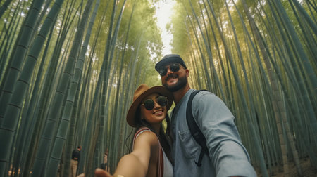 A happy couple poses for a selfie in front of the Arashiyama Bamboo Forest in Kyoto, Japan, using Generative AI.の素材