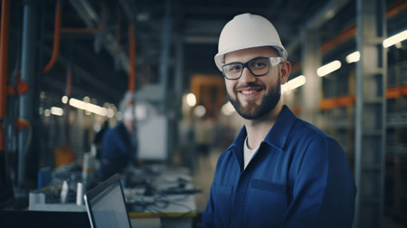 a happy male industrial engineer working with a laptop inside an industrial factory, Generative AIの素材