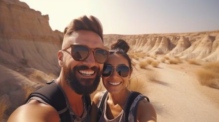 Smiling joyful couple Generative AI takes a selfie amid the stony desert.の素材