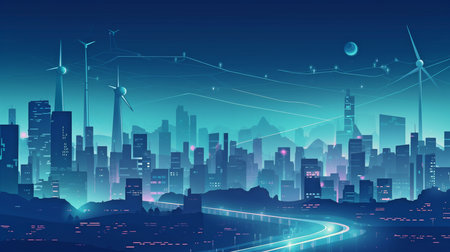 A futuristic city skyline fueled by clean energy sources such as solar panels and Generative AIの素材