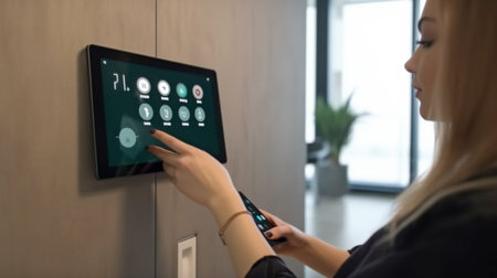 Generative AI controls the home via a digital touch screen panel mounted on the wall in the living area.の素材