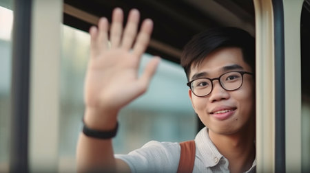 Handsome Waving Goodbye, Generative AI, Young Asian Man Hand to Say Hello or Goodbye to Friend on Trainの素材