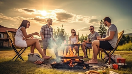 Generative AI, the notion of a convivial time, with a group of friends gathering around a BBQ to share a moment of leisure beneath the sun of a summer day,の素材