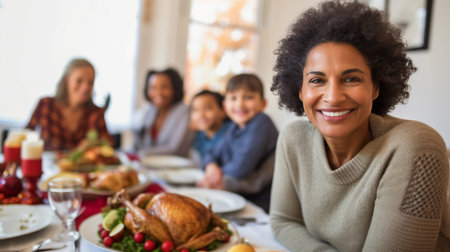 Generative AI portrait of a happy mother enjoying a Christmas lunch at the dining table.の素材