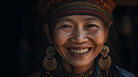 tribe of the hills, Generative AI, extremely cheerful grin, picture realistic headshot, gorgeous faceの素材