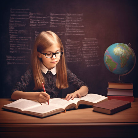 small student girl studying at school, education and school idea, Generative AIの素材