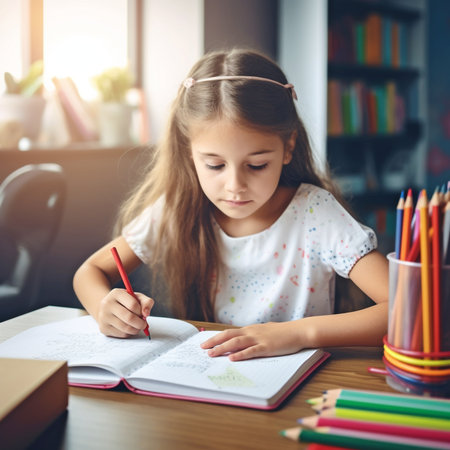 small student girl studying at school, education and school idea, Generative AIの素材