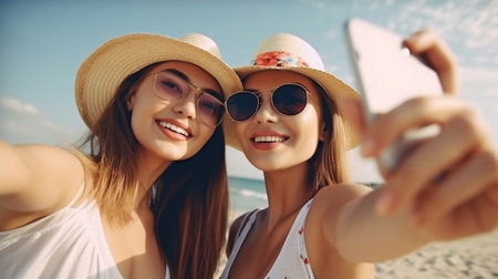 Generative AI, young women on the beach snapping selfiesの素材