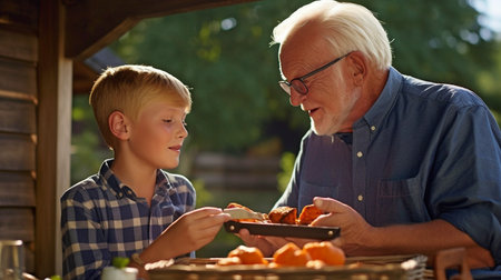Grandfather serving grilled pork to grandchild, Generative AIの素材