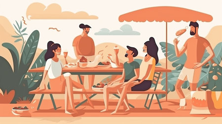 Generative AI, the notion of a convivial time, with a group of friends gathering around a BBQ to share a moment of leisure beneath the sun of a summer day,の素材
