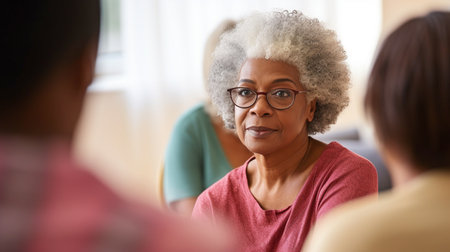 Generative AI image of a senior black lady sitting in a circle at a mental health support group in a retirement home.の素材