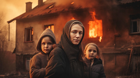 Family mother with children in front of a burning house, Generative AIの素材
