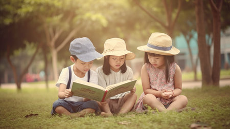Children in the park reading books, Generative AIの素材