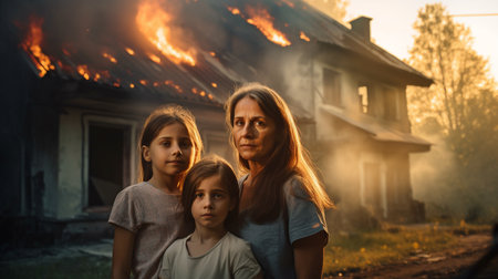Family mother with children in front of a burning house, Generative AIの素材